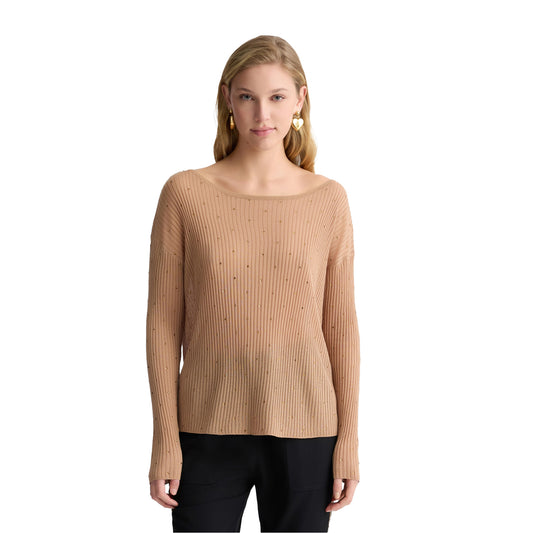 Maglia a coste Beige con strass modella frontale