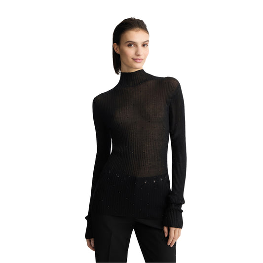 Maglia Donna a collo alto con strass Nero modella frontale