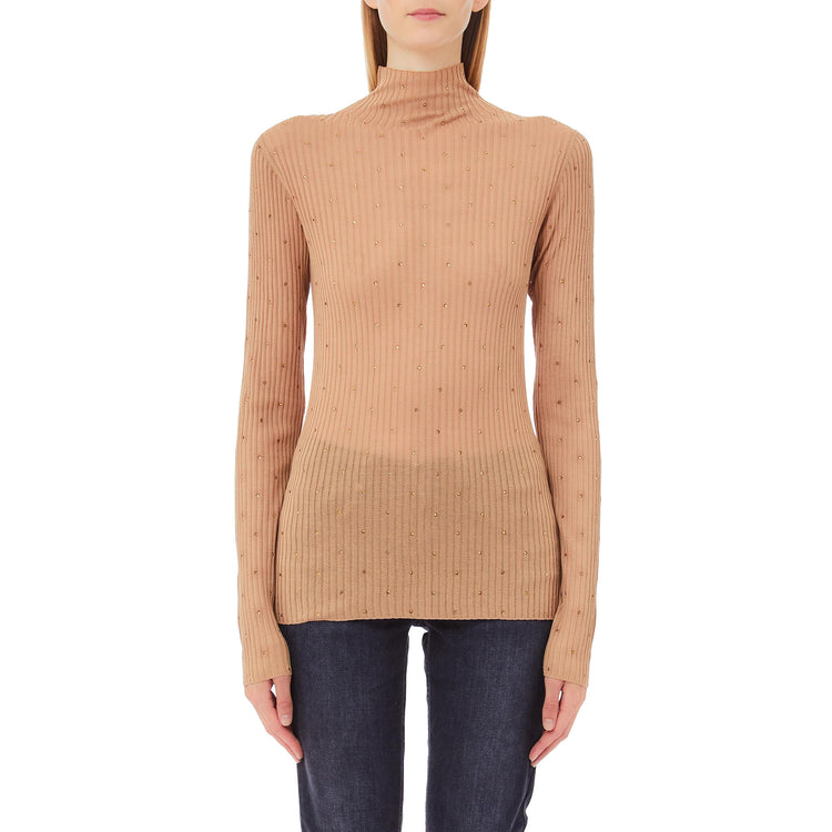Maglia Donna a collo alto con strass Beige modella frontale