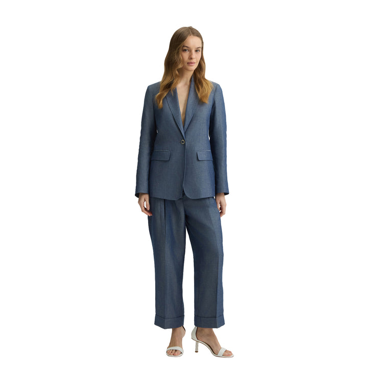 Blazer Donna in misto lino Blu modella intera frontale