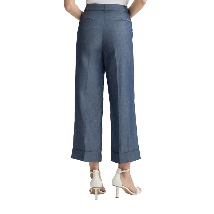 Pantaloni Donna cropped in misto lino Blu modella retro