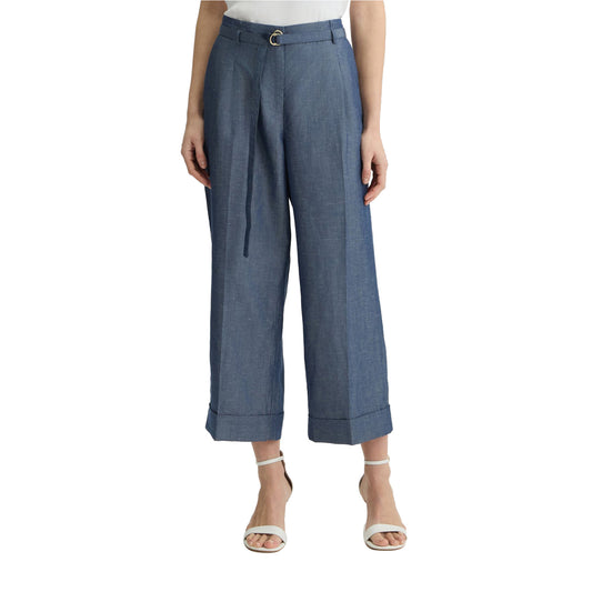Pantaloni Donna cropped in misto lino Blu modella frontale