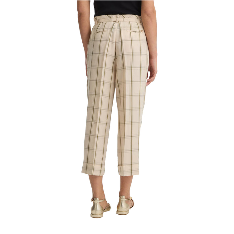 Pantaloni Donna in misto lino motivo check modella retro