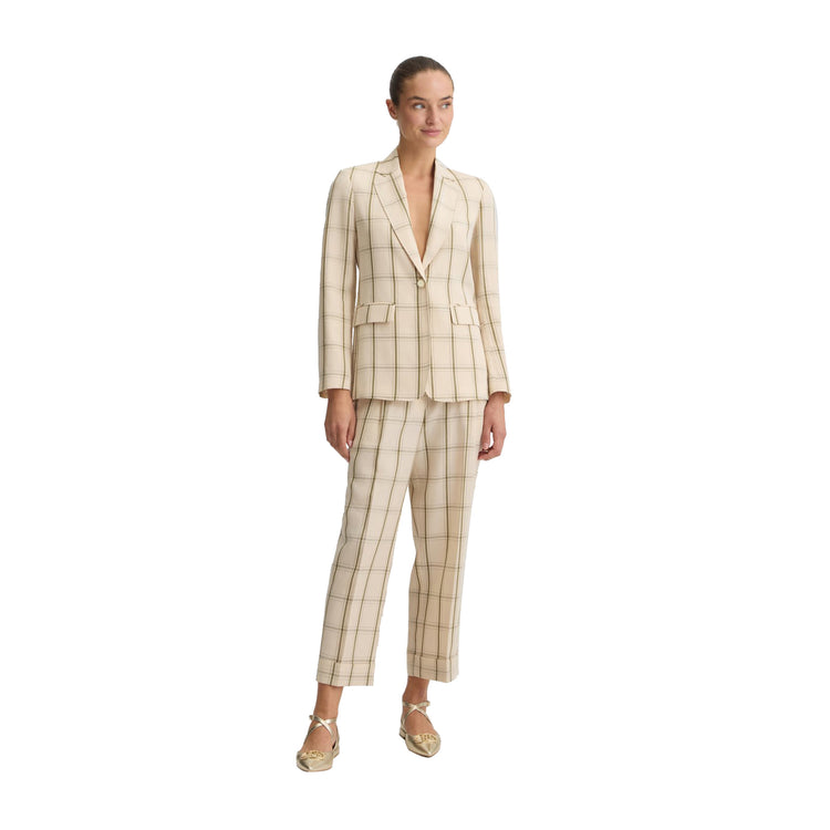 Pantaloni Donna in misto lino motivo check modella intera frontale