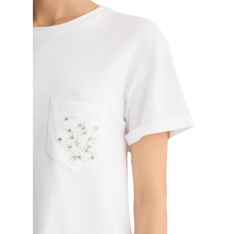 T-shirt da Donna con taschino e logo con perle dettaglio taschino