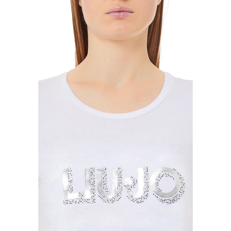 T-shirt Donna con logo frontale con strass Bianco dettaglio frontale