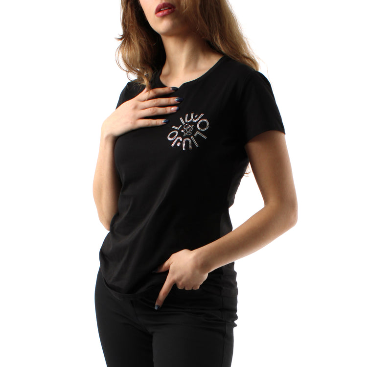 T-shirt Donna con logo e strass Nero modella frontale ravvicinata