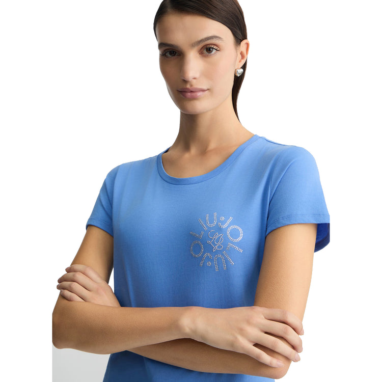 T-shirt Donna con logo e strass Azzurro modella frontale ravvicinata
