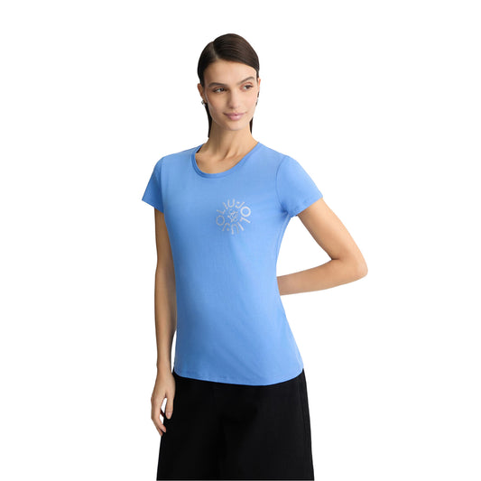 T-shirt Donna con logo e strass Azzurro modella frontale