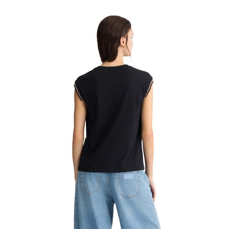 T-shirt Donna in jersey con perline Nero modella retro