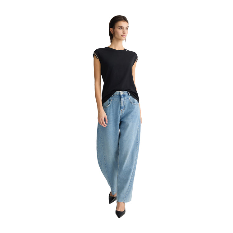 T-shirt Donna in jersey con perline Nero modella intera rfontale