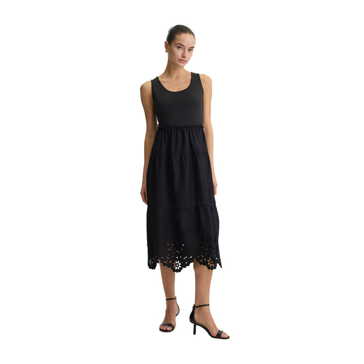 Abito Donna Nero con ricami al fondo modella frontale