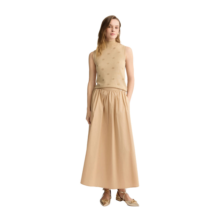 Gonna Longuette donna in popeline beige modella frontale intera