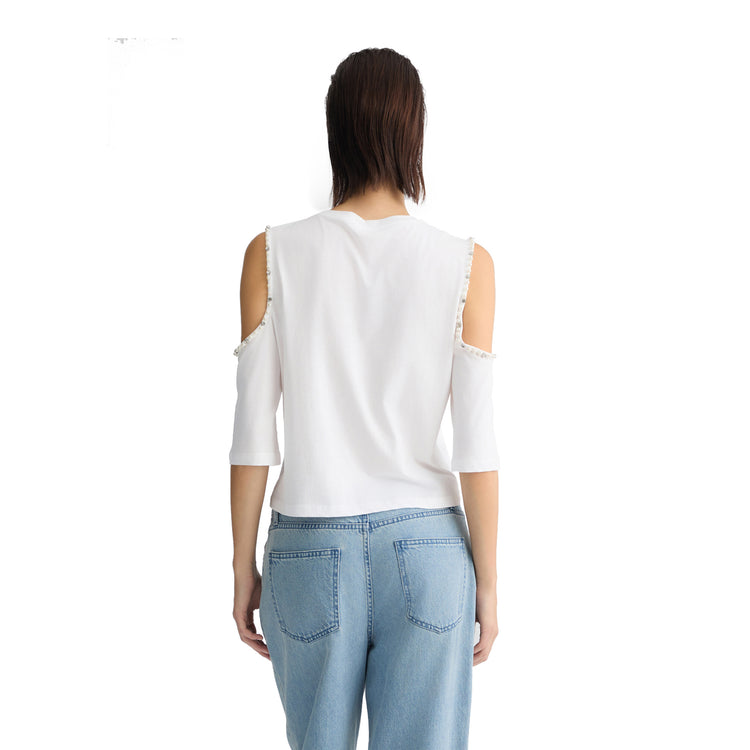 T-shirt Donna con oblò sulle maniche Bianco modella retro