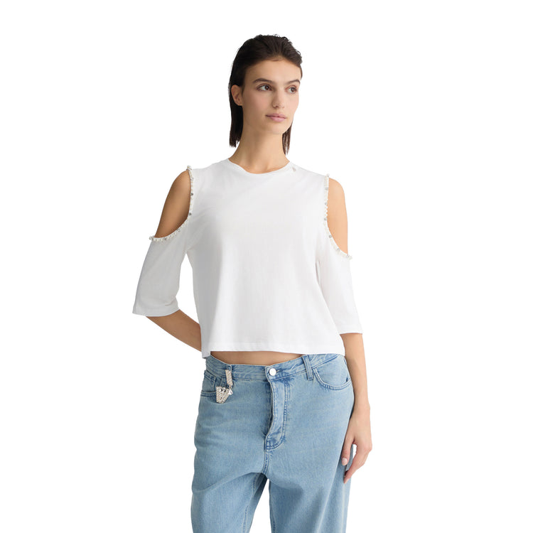 T-shirt Donna con oblò sulle maniche Bianco modella frontale