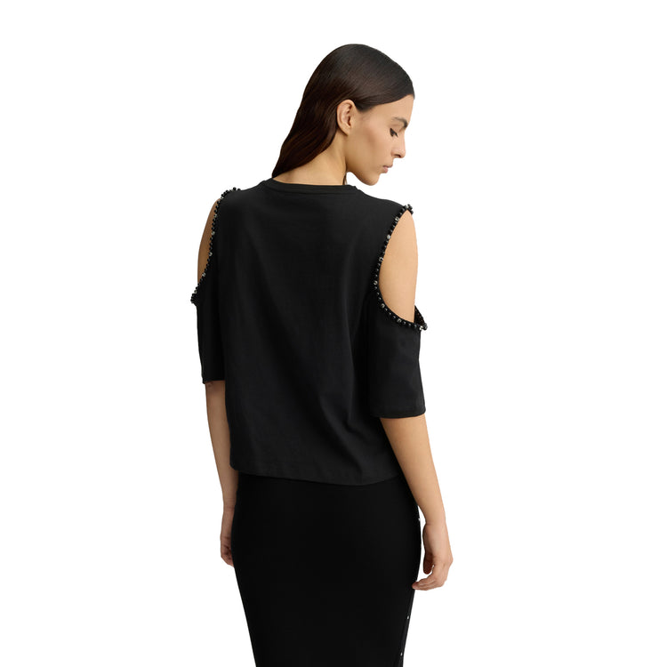 T-shirt Donna con oblò sulle maniche Nero modella retro