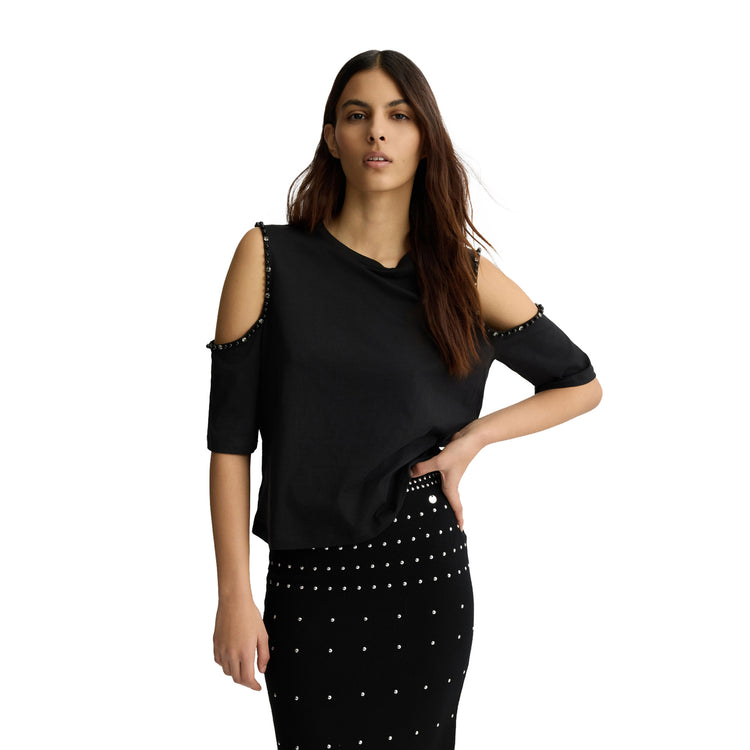 T-shirt Donna con oblò sulle maniche Nero modella frontale