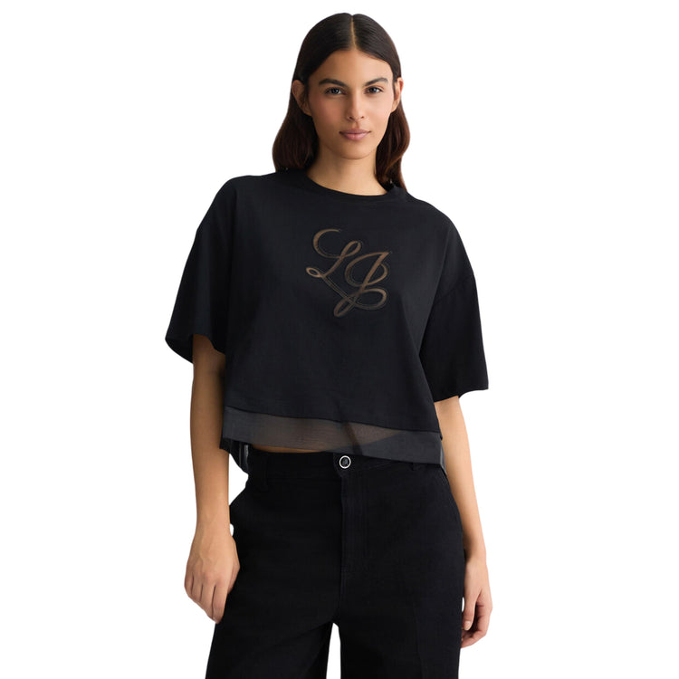 T-shirt Donna con inserti in organza nero modella frontale