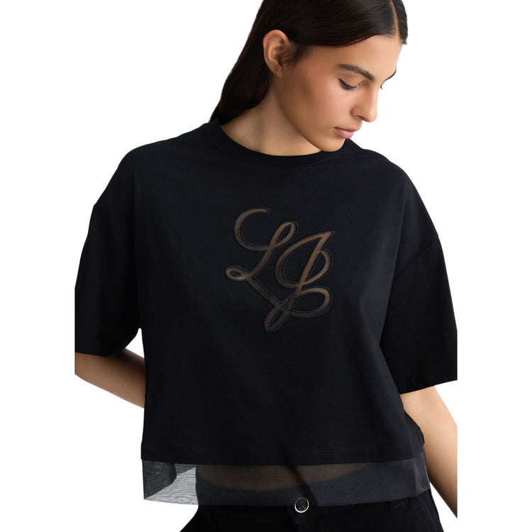 T-shirt Donna con inserti in organza nero modella frontale ravvicinata