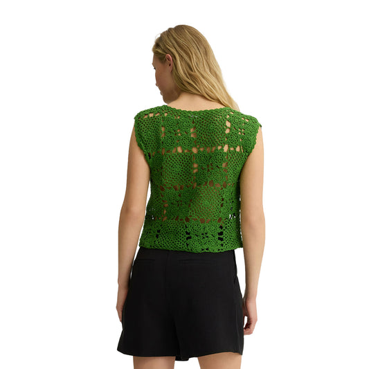 Top Donna in maglia crochet Verde modella retro