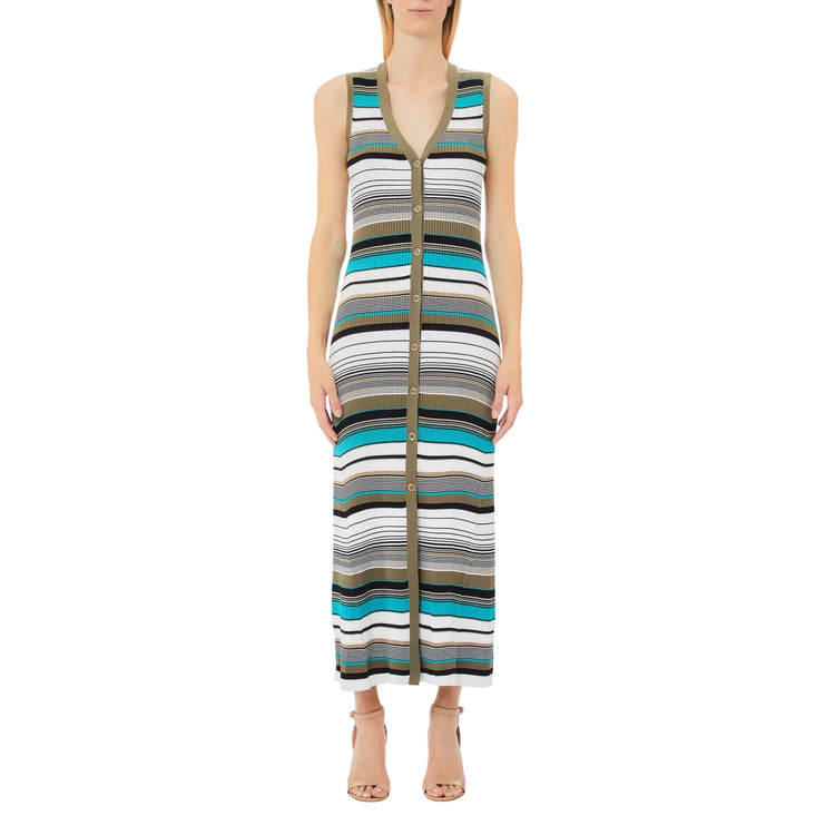 Abito in maglia lungo da donna a righe multicolor modella frontale