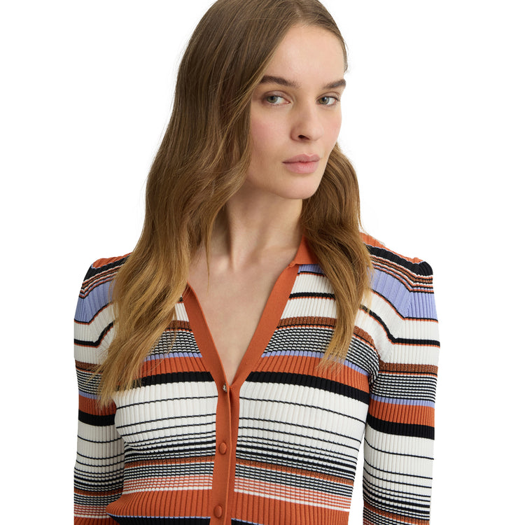 Cardigan Donna in maglia a righe modella frontale ravvicinata