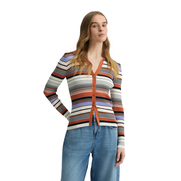 Cardigan Donna in maglia a righe modella frontale