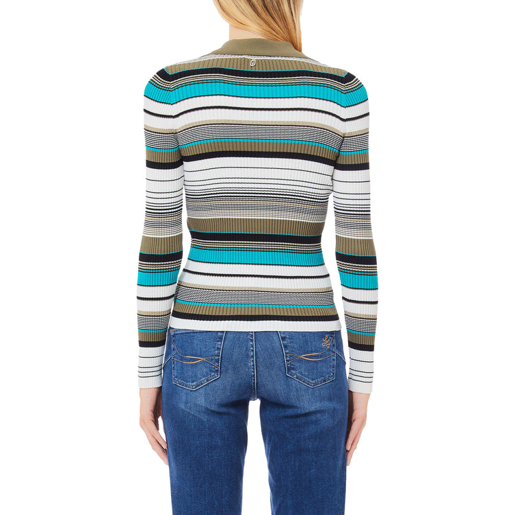 Cardigan Donna in maglia a righe multicolor modella retro