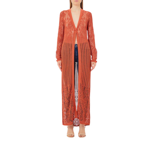 Cardigan lungo traforato da Donna in arancione modella frontale