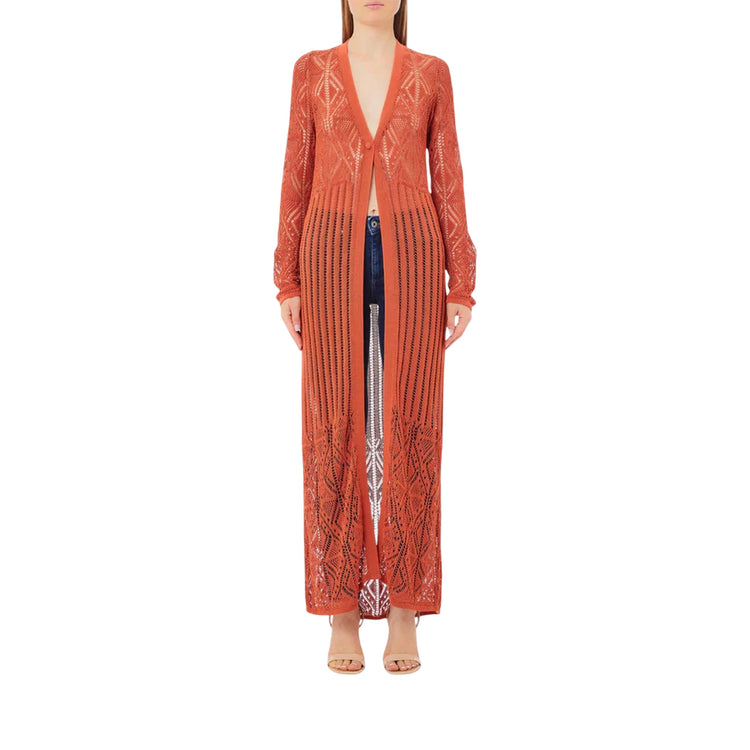 Cardigan lungo traforato da Donna in arancione modella frontale