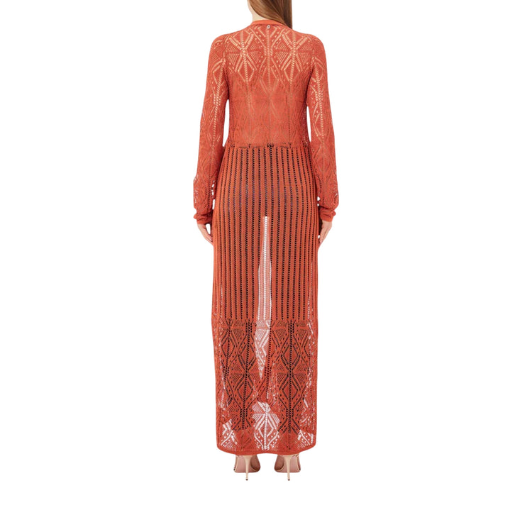 Cardigan lungo traforato da Donna in arancione modella retro