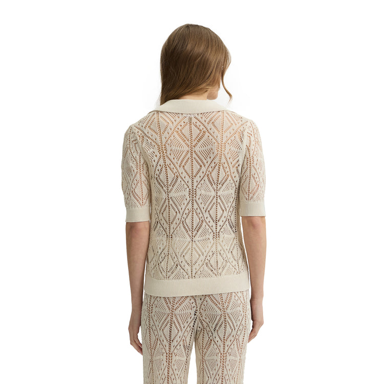 Maglia Donna in misto cotone crochet beige chiaro modella retro