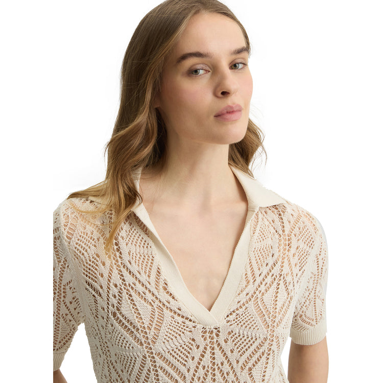 Maglia Donna in misto cotone crochet beige chiaro modella frontale ravvicinata