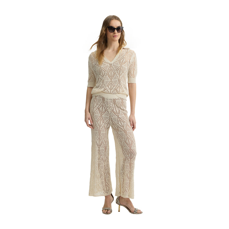 Maglia Donna in misto cotone crochet beige chiaro modella intera frontale