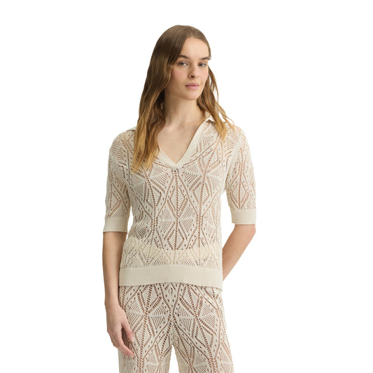 Maglia Donna in misto cotone crochet beige chiaro modella frontale