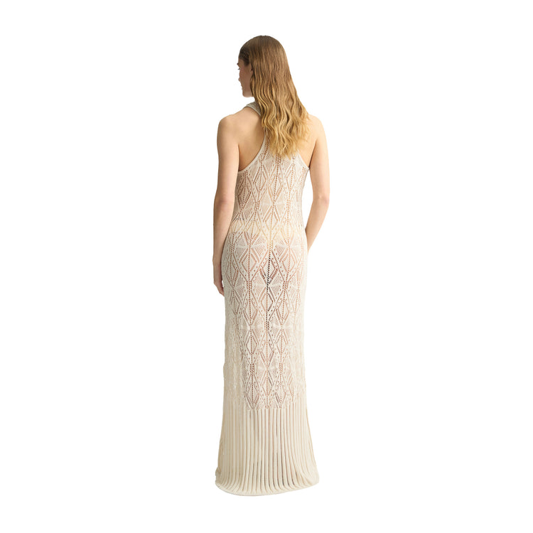 Abito Donna in maglia crochet lungo Beige modella retro