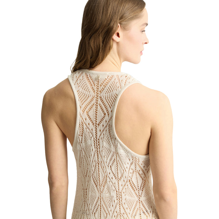 Abito Donna in maglia crochet lungo Beige modella retro ravvicinata
