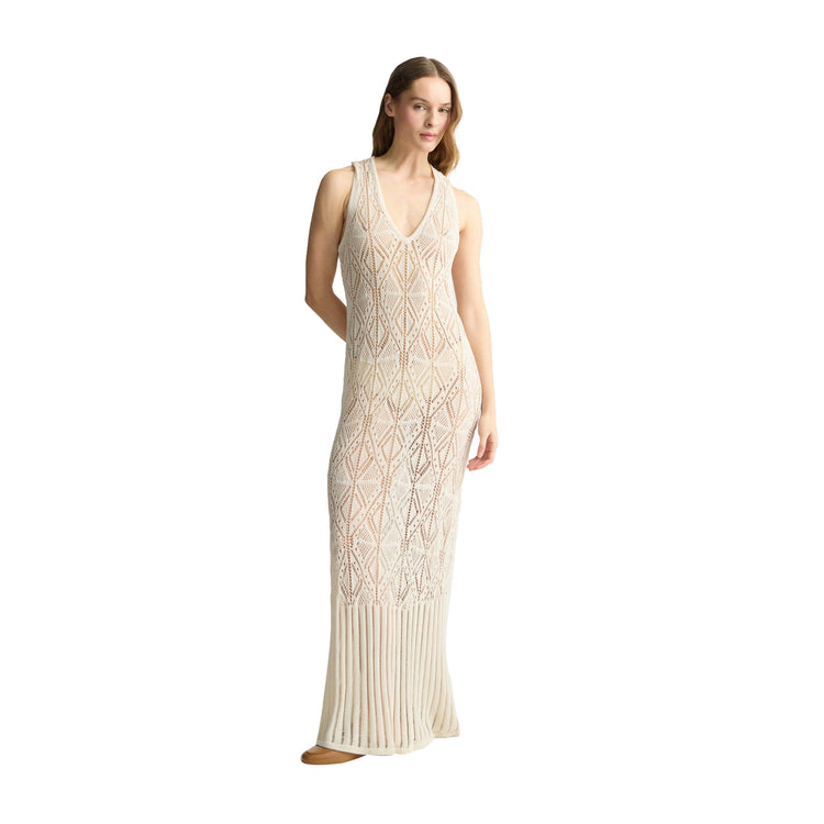 Abito Donna in maglia crochet lungo Beige modella frontale