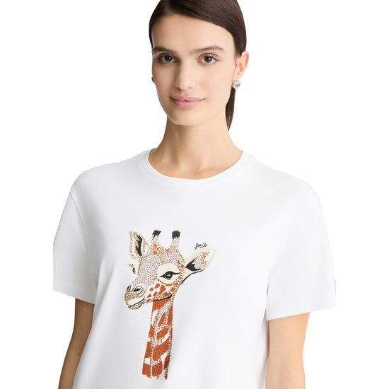 T-shirt Donna in cotone Bianco con stampa giraffa modella frontale ravvicinata