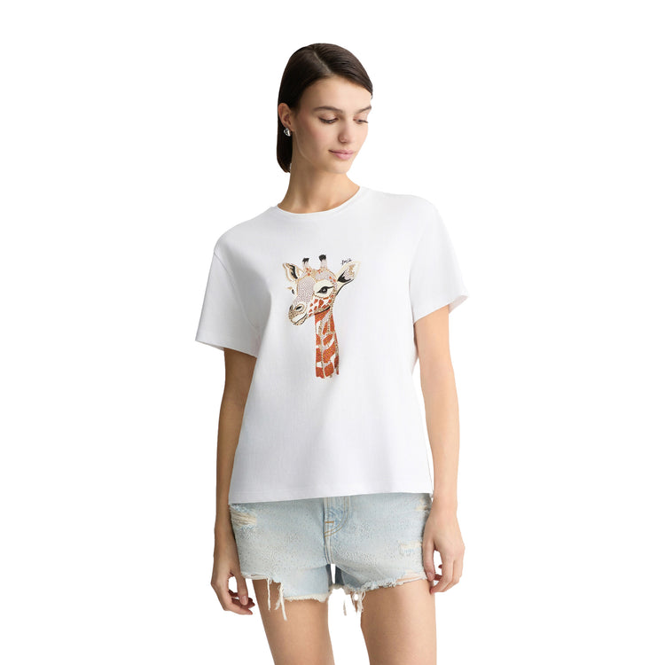 T-shirt Donna in cotone Bianco con stampa giraffa modella frontale