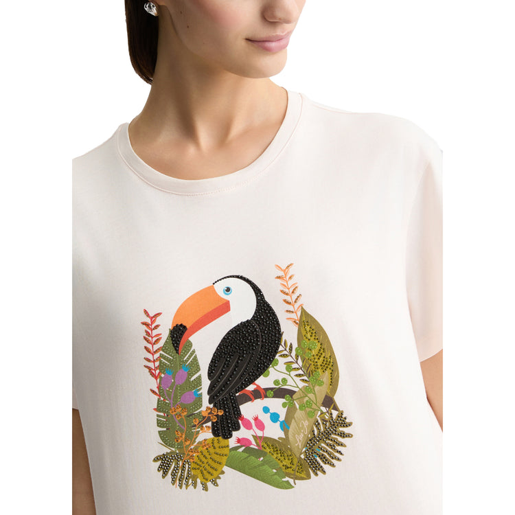 T-shirt Donna in cotone con stampa e strass Bianco dettaglio