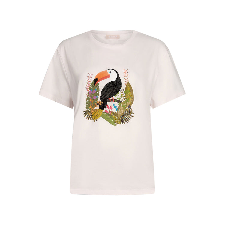 T-shirt Donna in cotone con stampa e strass Bianco