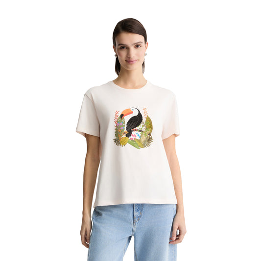 T-shirt Donna in cotone con stampa e strass Bianco modella frontale