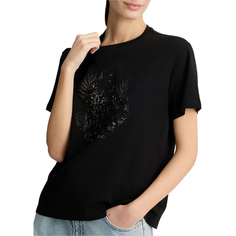 T-shirt Donna in cotone con paillettes e strass Nero modella frontale ravvicinata