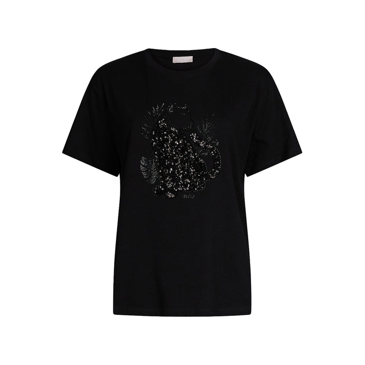 T-shirt Donna in cotone con paillettes e strass Nero