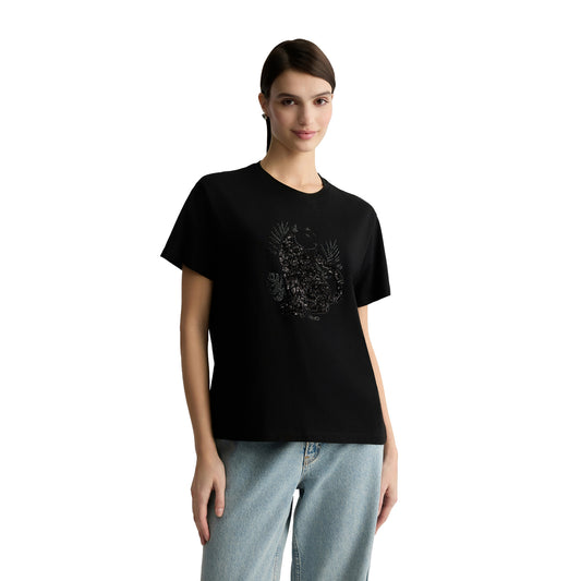 T-shirt Donna in cotone con paillettes e strass Nero modella frontale