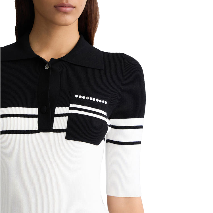 Polo Donna in maglia a righe bianco e nero dettaglio