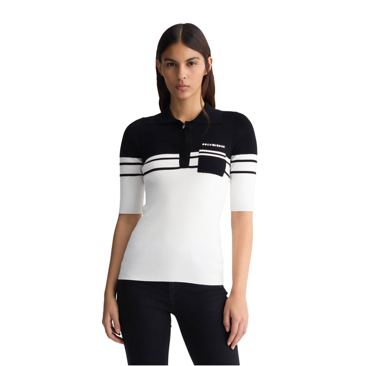 Polo Donna in maglia a righe bianco e nero modella frontale