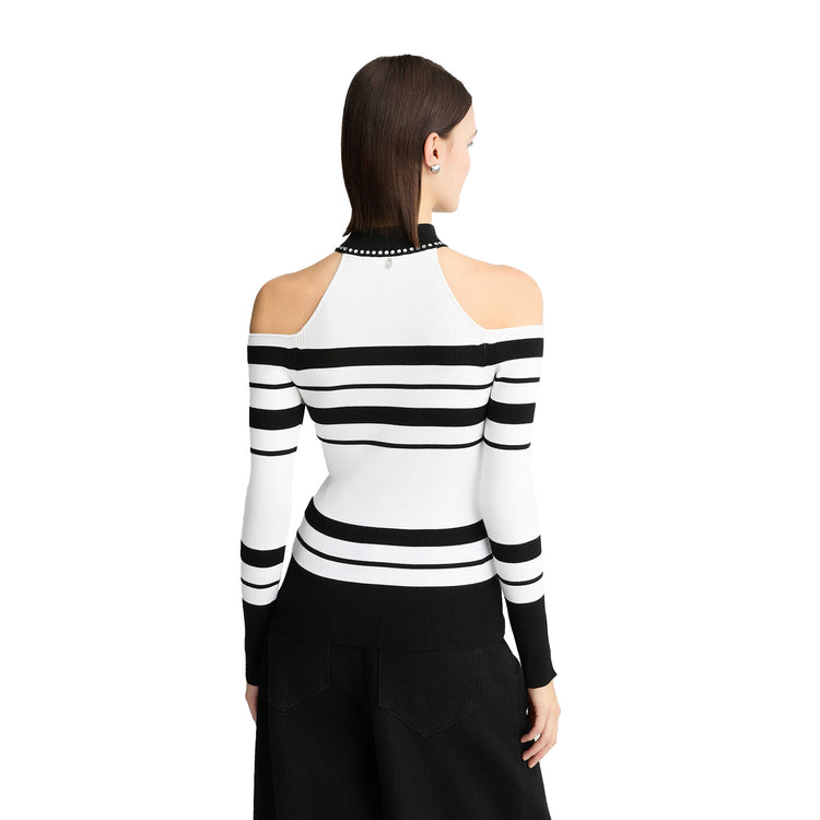 Maglia Donna a righe con borchie su colletto modella retro