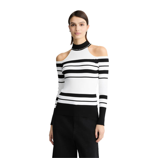 Maglia Donna a righe con borchie su colletto modella frontale